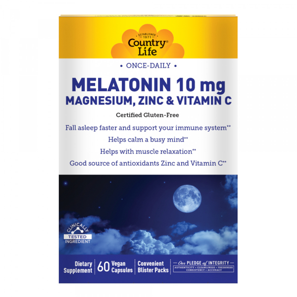 Натуральна добавка Country Life Melatonin 10 mg Magnesium, Zinc & Vitamin C, 60 вегакапсул