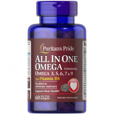 Жирні кислоти Puritan's Pride All In One Omega 3, 5, 6, 7 & 9 with Vitamin D3, 60 капсул Жирні кислоти Puritan's Pride All In One Omega 3, 5, 6, 7 & 9 with Vitamin D3, 60 капсул